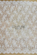 Corded Chantilly French Lace: White Scattered Rose Bud Vine Sprays with Eyelash Scalloped Border, 3 Meters