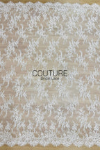 Corded Chantilly French Lace: White Scattered Rose Bud Vine Sprays with Eyelash Scalloped Border, 3 Meters