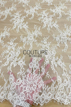 Corded Chantilly French Lace: White Scattered Rose Bud Vine Sprays with Eyelash Scalloped Border, 3 Meters