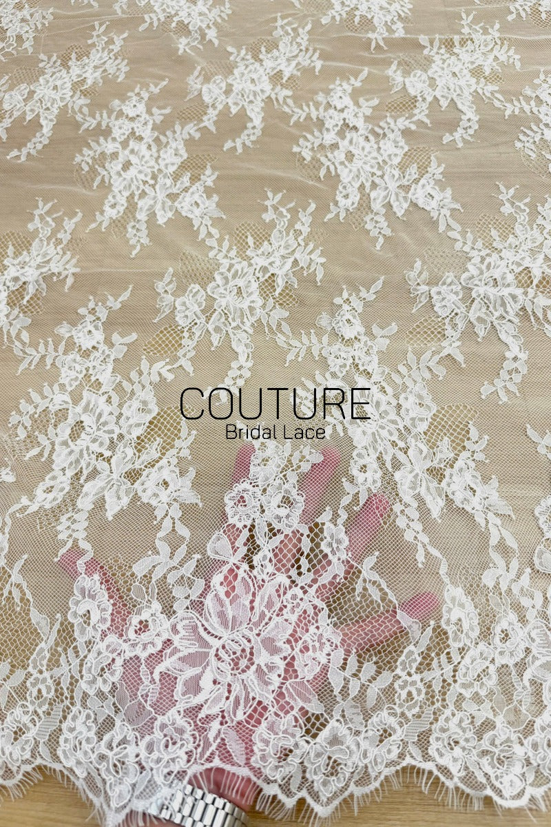 Corded Chantilly French Lace: White Scattered Rose Bud Vine Sprays with Eyelash Scalloped Border, 3 Meters