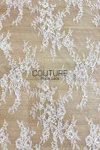 Corded Chantilly French Lace: White Scattered Rose Bud Vine Sprays with Eyelash Scalloped Border, 3 Meters