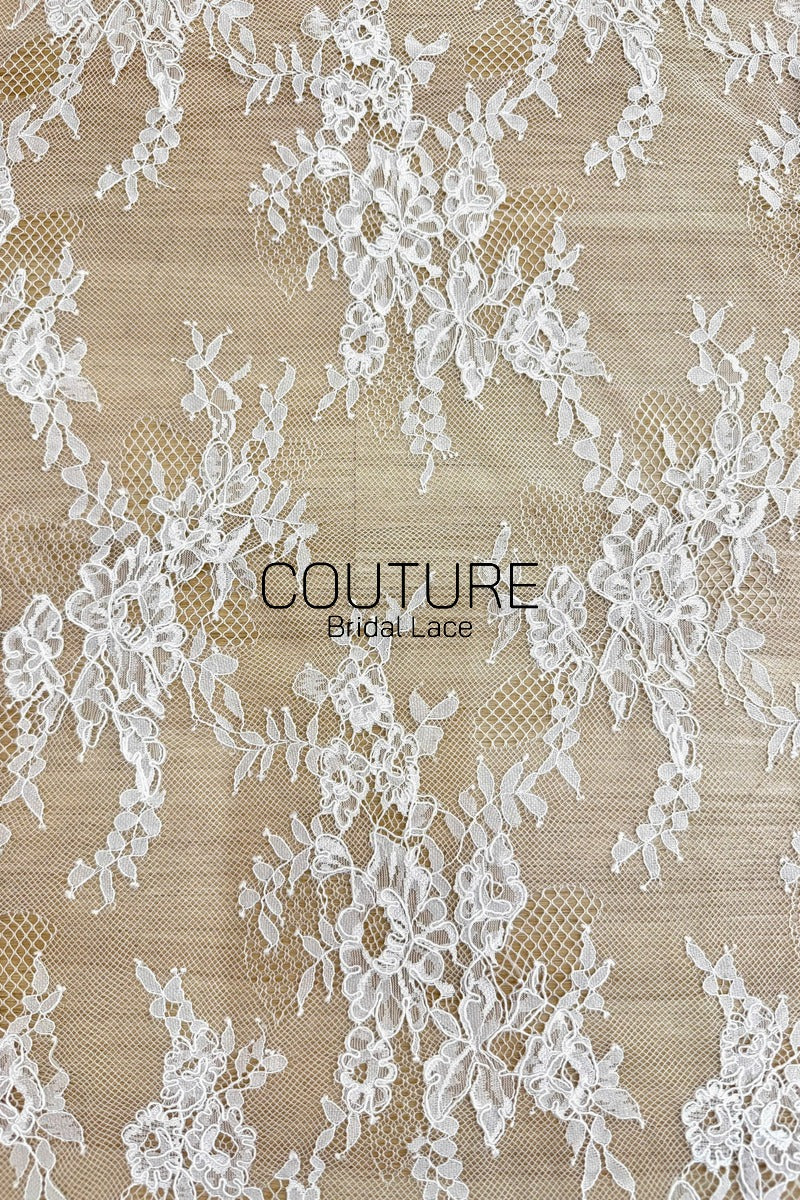 Corded Chantilly French Lace: White Scattered Rose Bud Vine Sprays with Eyelash Scalloped Border, 3 Meters