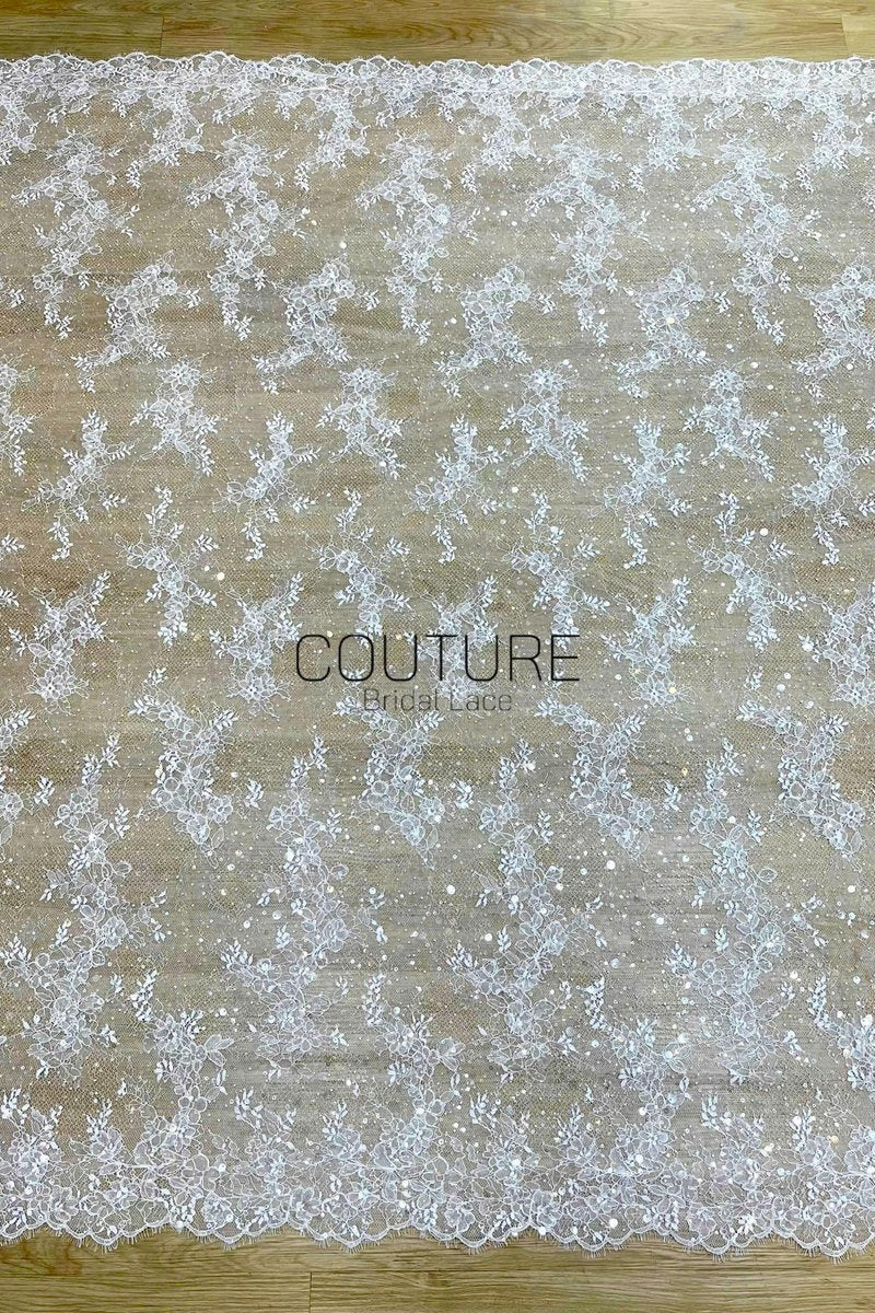 Beaded Chantilly Lace: White Delicate Floral Vine Sprays with Scalloped Floral Edge Border, 3 Meters