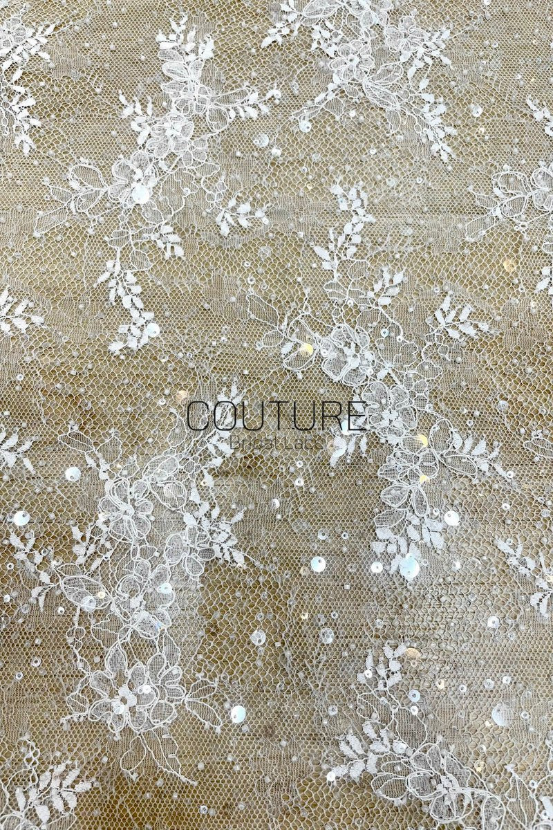 Beaded Chantilly Lace: White Delicate Floral Vine Sprays with Scalloped Floral Edge Border, 3 Meters