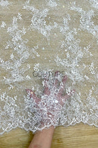 Beaded Chantilly Lace: White Delicate Floral Vine Sprays with Scalloped Floral Edge Border, 3 Meters