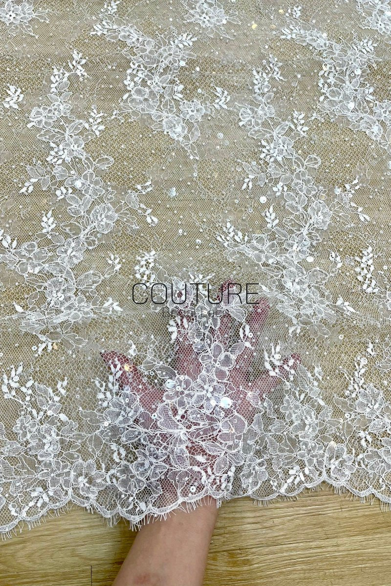 Beaded Chantilly Lace: White Delicate Floral Vine Sprays with Scalloped Floral Edge Border, 3 Meters