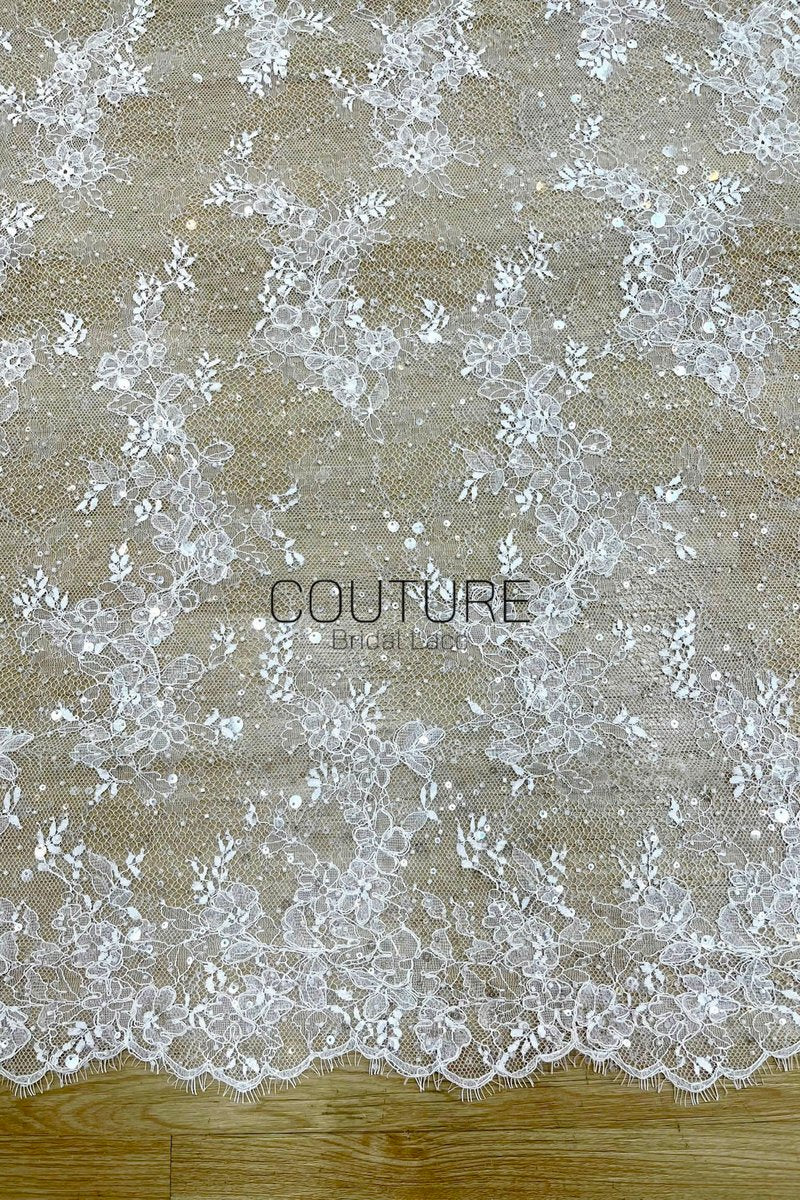 Beaded Chantilly Lace: White Delicate Floral Vine Sprays with Scalloped Floral Edge Border, 3 Meters