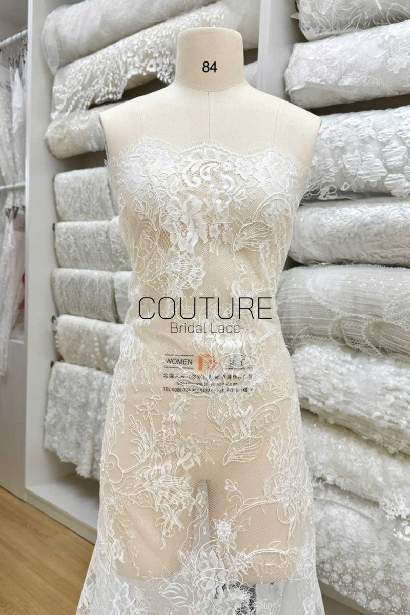 Beaded Chantilly Lace: White Intricate Floral Vine Clusters with Scalloped Floral Medallion Edge Border, 3 Meters