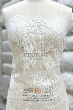 Beaded Chantilly Lace: White Intricate Floral Vine Clusters with Scalloped Floral Medallion Edge Border, 3 Meters