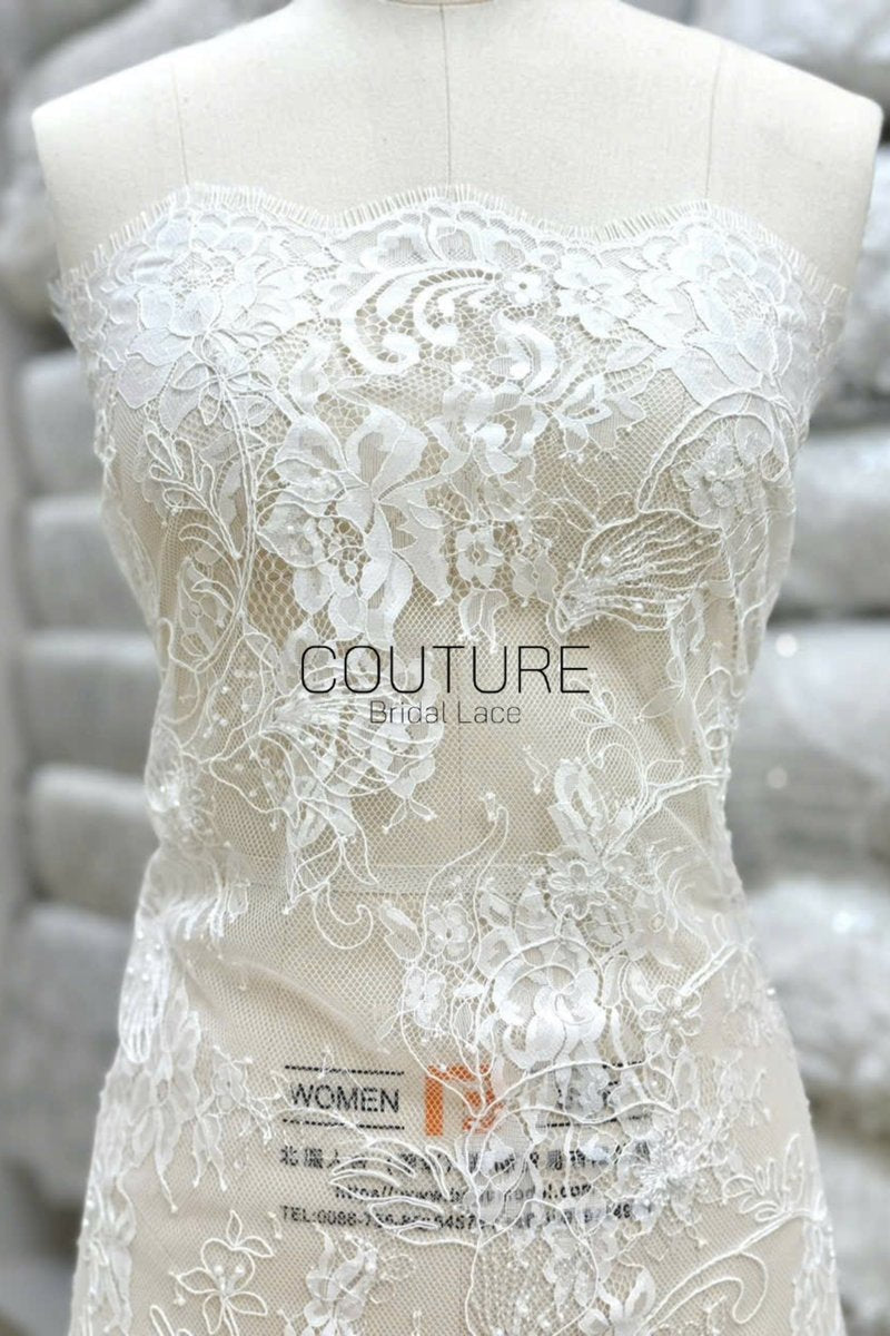 Beaded Chantilly Lace: White Intricate Floral Vine Clusters with Scalloped Floral Medallion Edge Border, 3 Meters