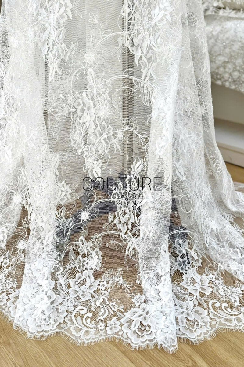 Beaded Chantilly Lace: White Intricate Floral Vine Clusters with Scalloped Floral Medallion Edge Border, 3 Meters
