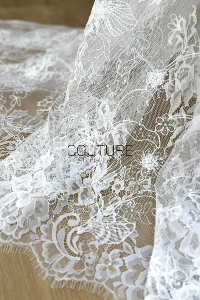 Beaded Chantilly Lace: White Intricate Floral Vine Clusters with Scalloped Floral Medallion Edge Border, 3 Meters