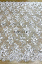 Beaded Chantilly Lace: White Intricate Floral Vine Clusters with Scalloped Floral Medallion Edge Border, 3 Meters