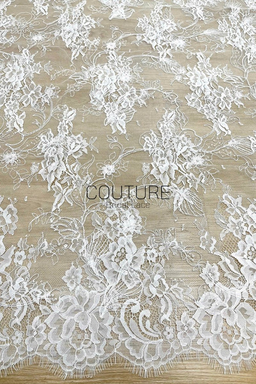 Beaded Chantilly Lace: White Intricate Floral Vine Clusters with Scalloped Floral Medallion Edge Border, 3 Meters