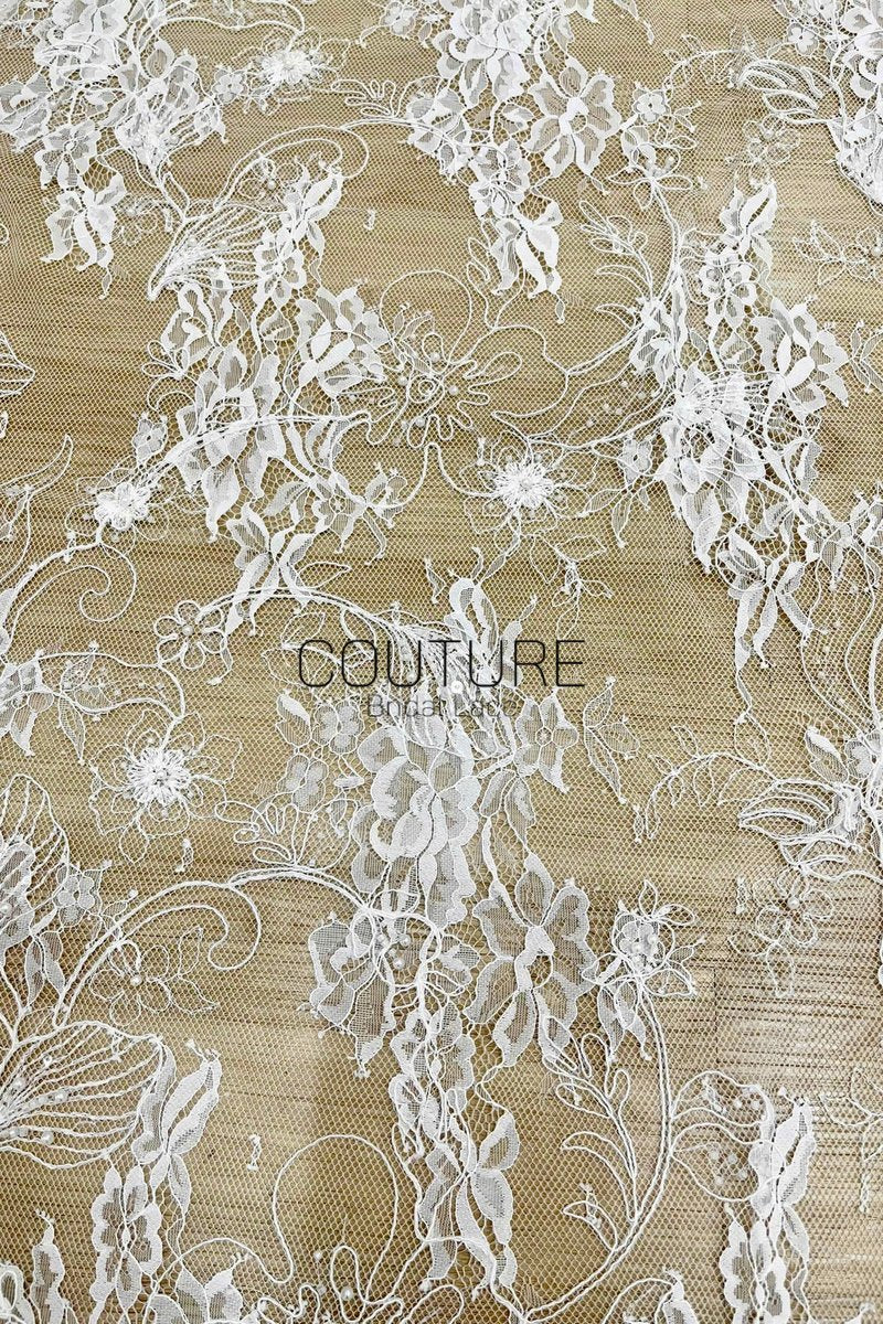 Beaded Chantilly Lace: White Intricate Floral Vine Clusters with Scalloped Floral Medallion Edge Border, 3 Meters