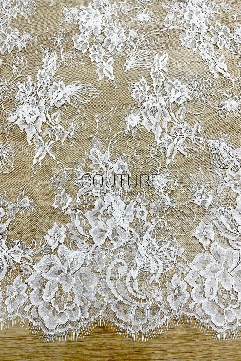 Beaded Chantilly Lace: White Intricate Floral Vine Clusters with Scalloped Floral Medallion Edge Border, 3 Meters