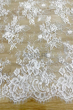 Beaded Chantilly Lace: White Intricate Floral Vine Clusters with Scalloped Floral Medallion Edge Border, 3 Meters