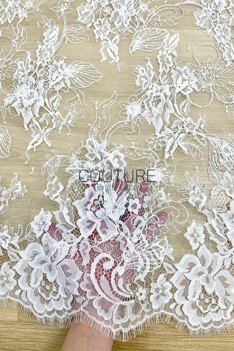 Beaded Chantilly Lace: White Intricate Floral Vine Clusters with Scalloped Floral Medallion Edge Border, 3 Meters
