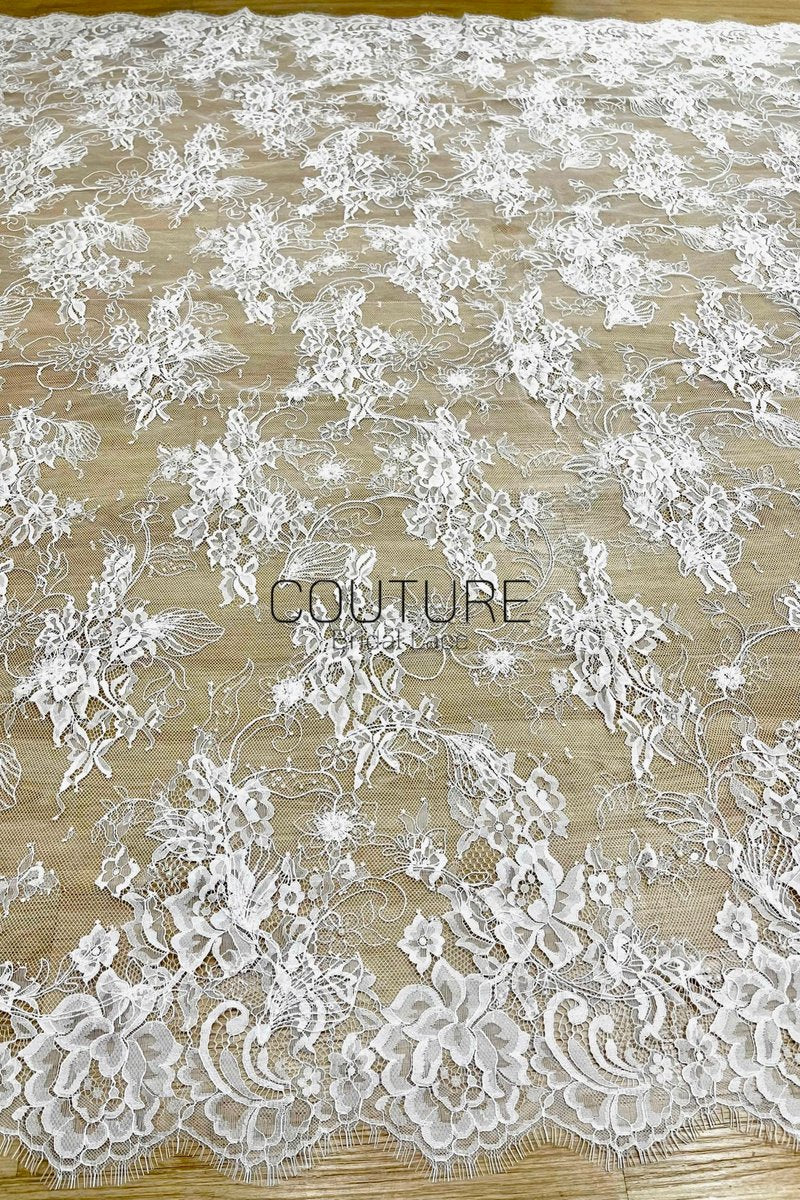 Beaded Chantilly Lace: White Intricate Floral Vine Clusters with Scalloped Floral Medallion Edge Border, 3 Meters