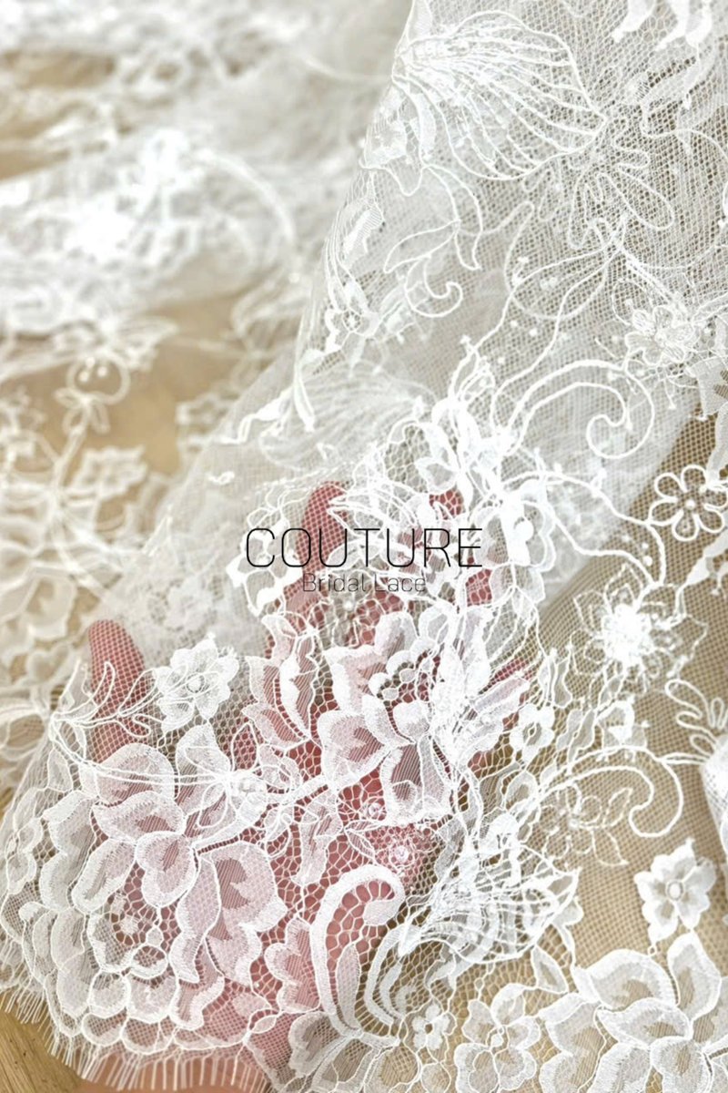 Beaded Chantilly Lace: White Intricate Floral Vine Clusters with Scalloped Floral Medallion Edge Border, 3 Meters
