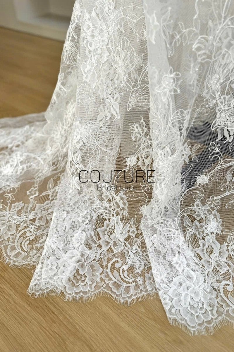 Beaded Chantilly Lace: White Intricate Floral Vine Clusters with Scalloped Floral Medallion Edge Border, 3 Meters