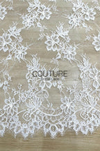 Corded Chantilly French Lace: White Allover Tossed Open Petal Flowers with Scrolling Arch Scalloped Border, 3 Meters
