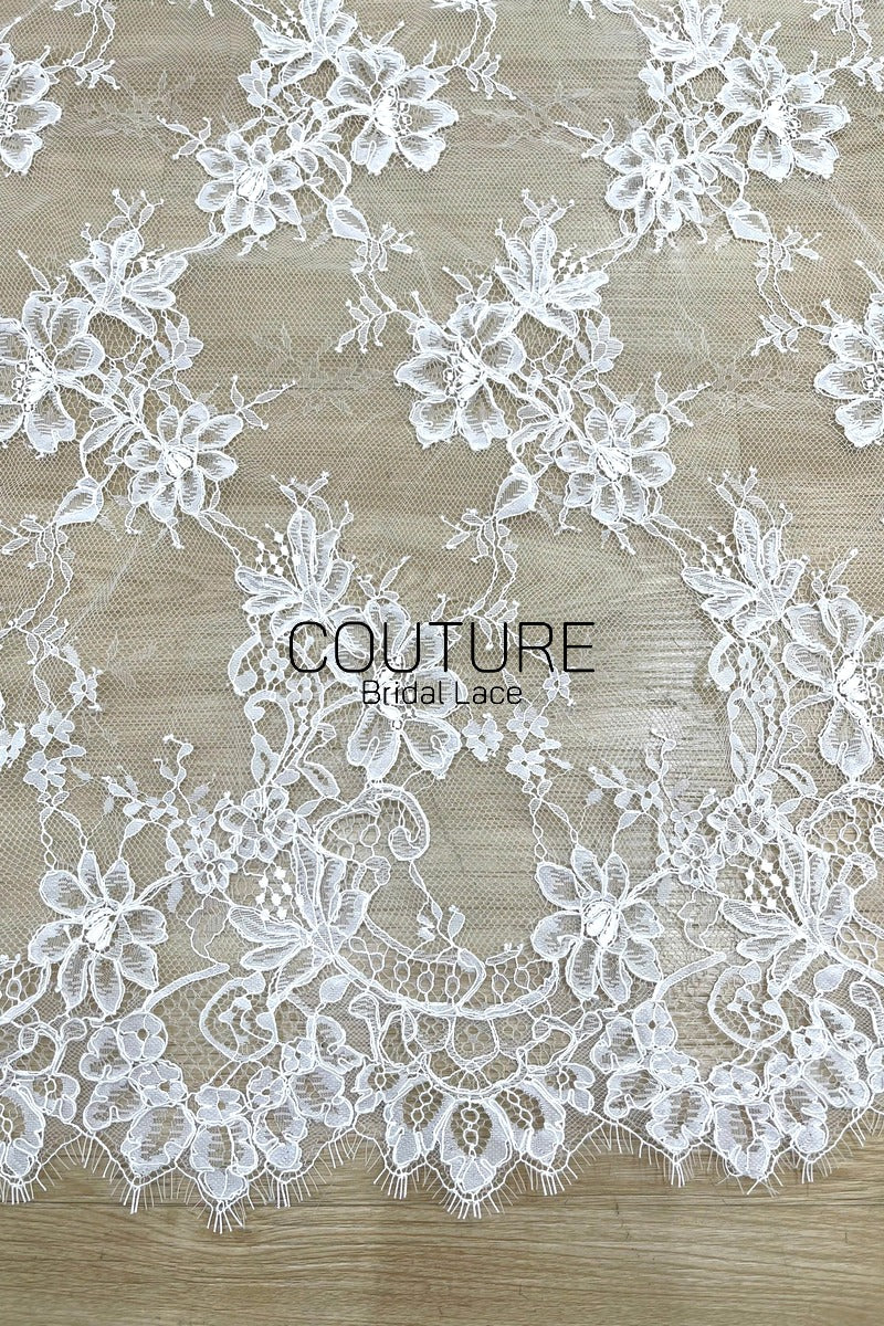 Corded Chantilly French Lace: White Allover Tossed Open Petal Flowers with Scrolling Arch Scalloped Border, 3 Meters