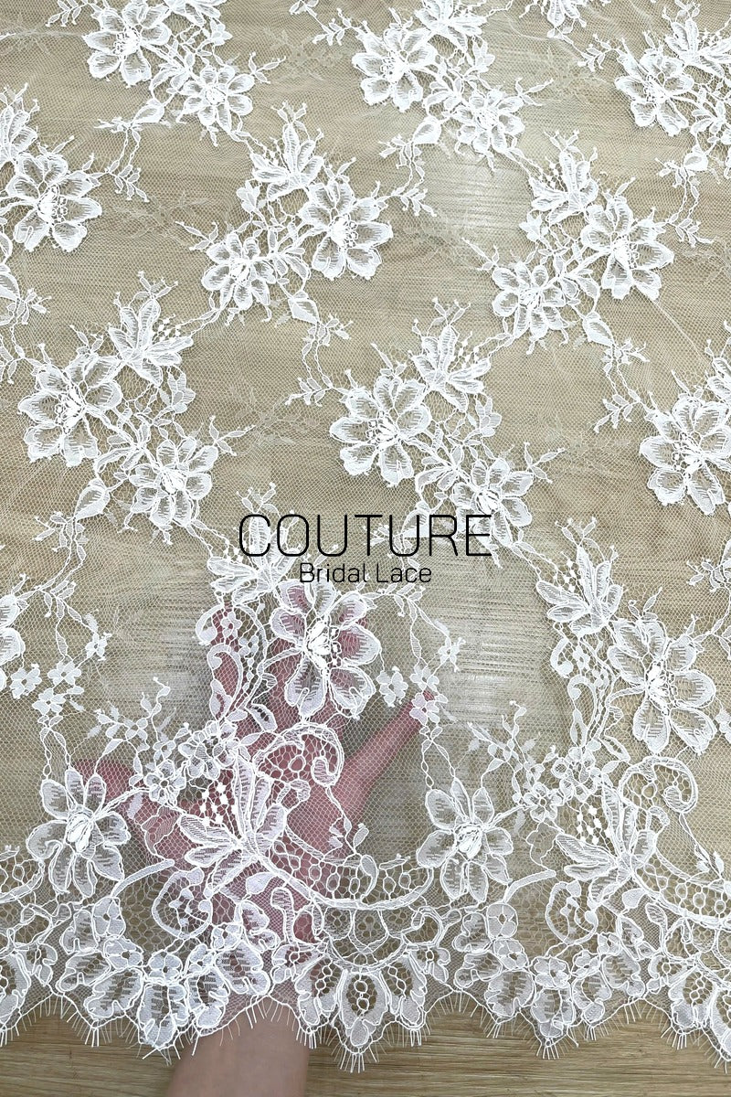 Corded Chantilly French Lace: White Allover Tossed Open Petal Flowers with Scrolling Arch Scalloped Border, 3 Meters