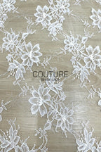 Corded Chantilly French Lace: White Allover Tossed Open Petal Flowers with Scrolling Arch Scalloped Border, 3 Meters