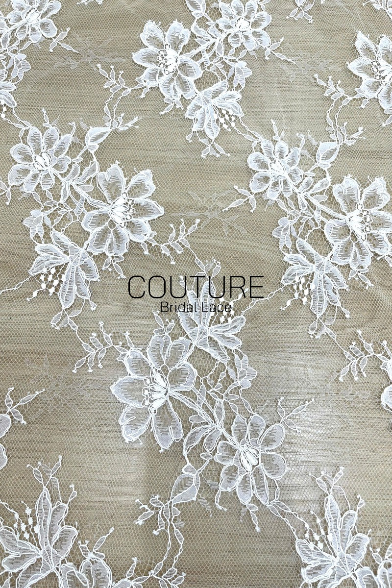 Corded Chantilly French Lace: White Allover Tossed Open Petal Flowers with Scrolling Arch Scalloped Border, 3 Meters