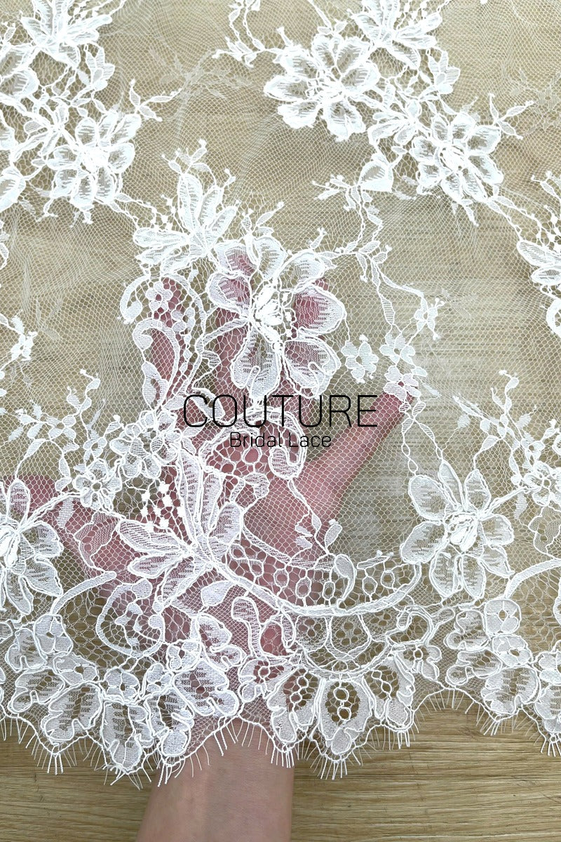Corded Chantilly French Lace: White Allover Tossed Open Petal Flowers with Scrolling Arch Scalloped Border, 3 Meters
