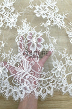Corded Chantilly French Lace: White Allover Tossed Open Petal Flowers with Scrolling Arch Scalloped Border, 3 Meters