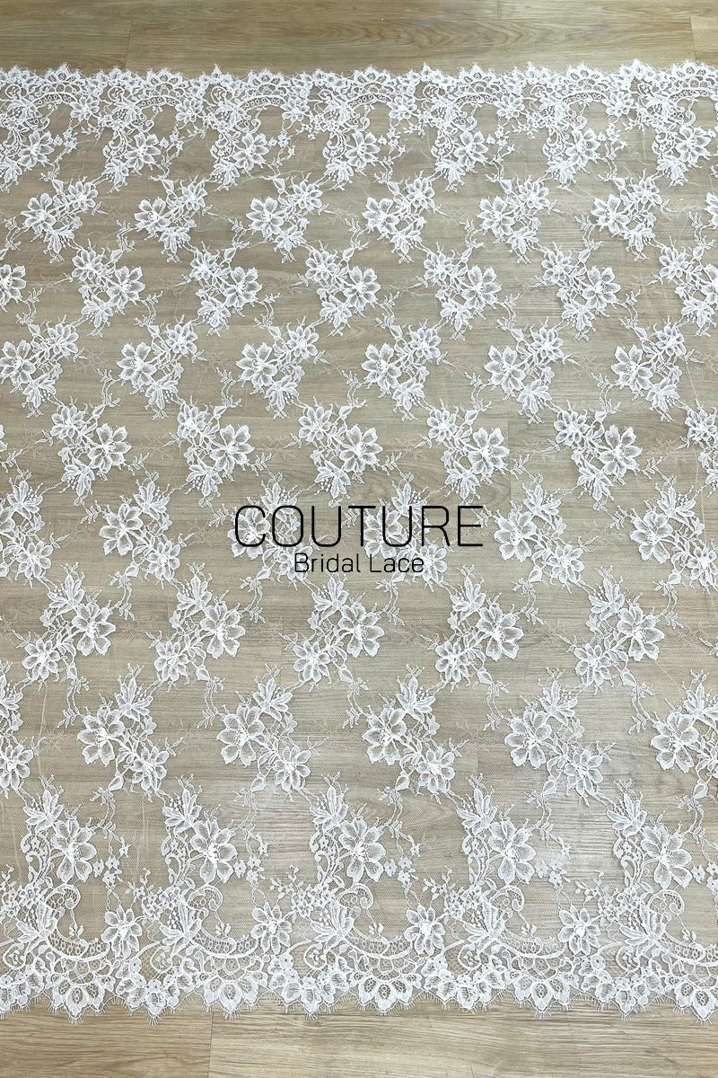 Corded Chantilly French Lace: White Allover Tossed Open Petal Flowers with Scrolling Arch Scalloped Border, 3 Meters