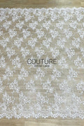 Corded Chantilly French Lace: White Allover Tossed Open Petal Flowers with Scrolling Arch Scalloped Border, 3 Meters