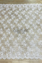 Corded Chantilly French Lace: White Allover Tossed Open Petal Flowers with Scrolling Arch Scalloped Border, 3 Meters