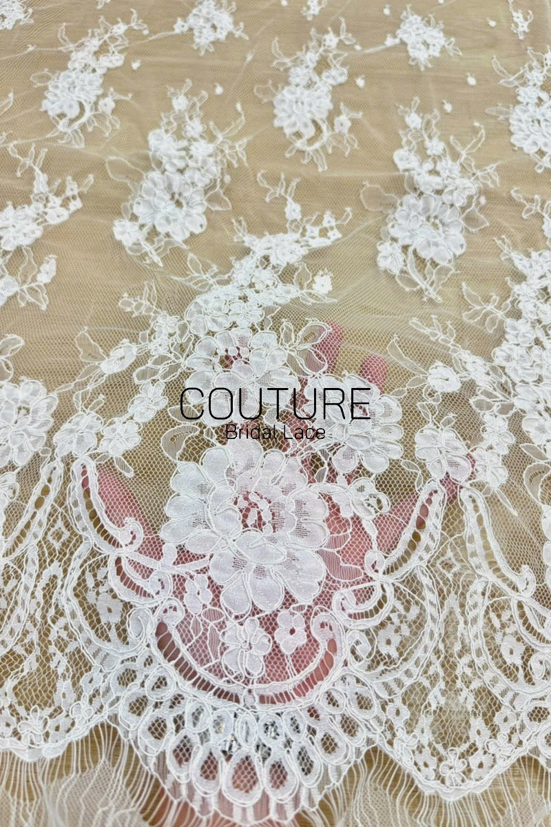 Corded Chantilly French Lace: White Cascading Floral Sprays with Crown Arch Openwork Scalloped Border, 3 Meters