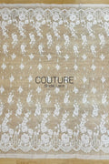 Corded Chantilly French Lace: White Cascading Floral Sprays with Crown Arch Openwork Scalloped Border, 3 Meters