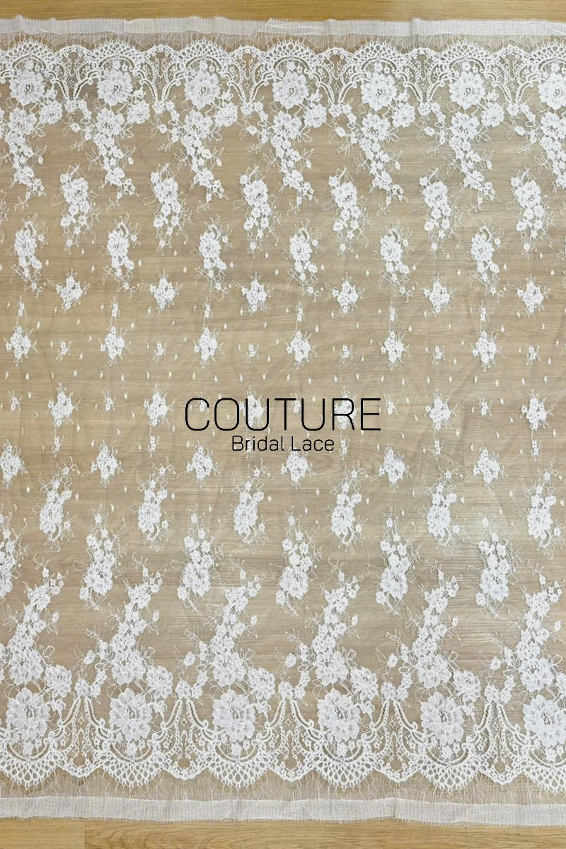 Corded Chantilly French Lace: White Cascading Floral Sprays with Crown Arch Openwork Scalloped Border, 3 Meters