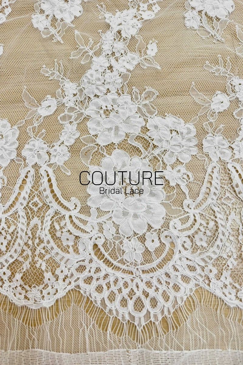Corded Chantilly French Lace: White Cascading Floral Sprays with Crown Arch Openwork Scalloped Border, 3 Meters