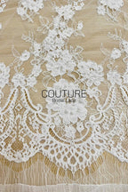 Corded Chantilly French Lace: White Cascading Floral Sprays with Crown Arch Openwork Scalloped Border, 3 Meters