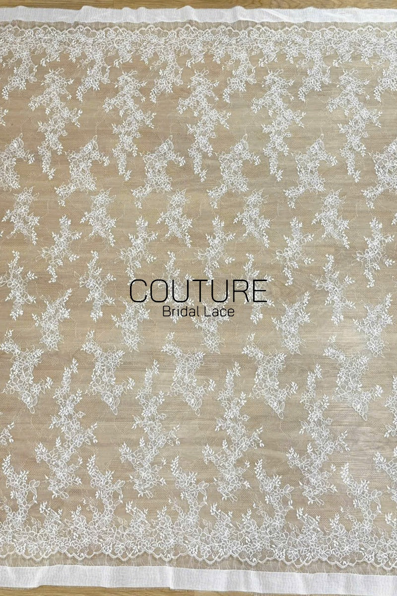 Chantilly French Lace: White Scattered Delicate Floral Sprigs with Floral Scalloped Border, 3 Meters