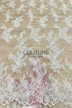 Chantilly French Lace: White Scattered Delicate Floral Sprigs with Floral Scalloped Border, 3 Meters