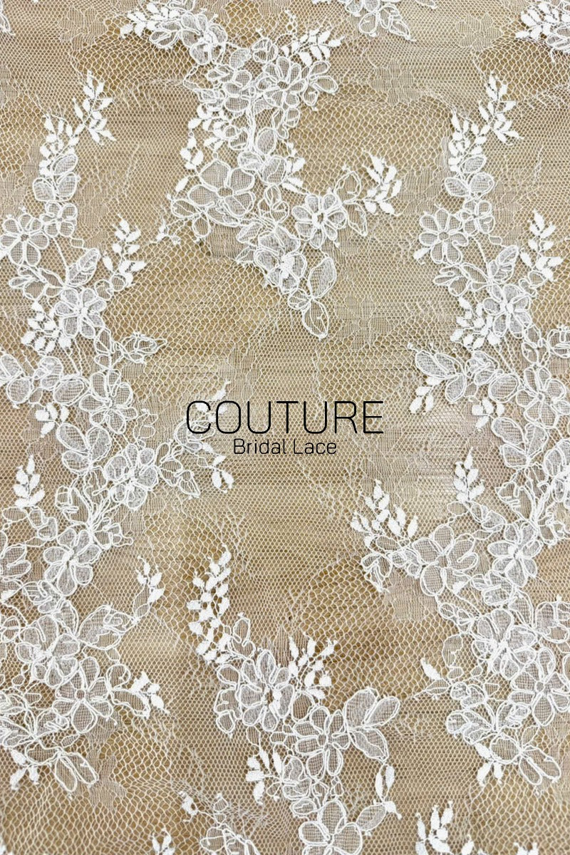 Chantilly French Lace: White Scattered Delicate Floral Sprigs with Floral Scalloped Border, 3 Meters