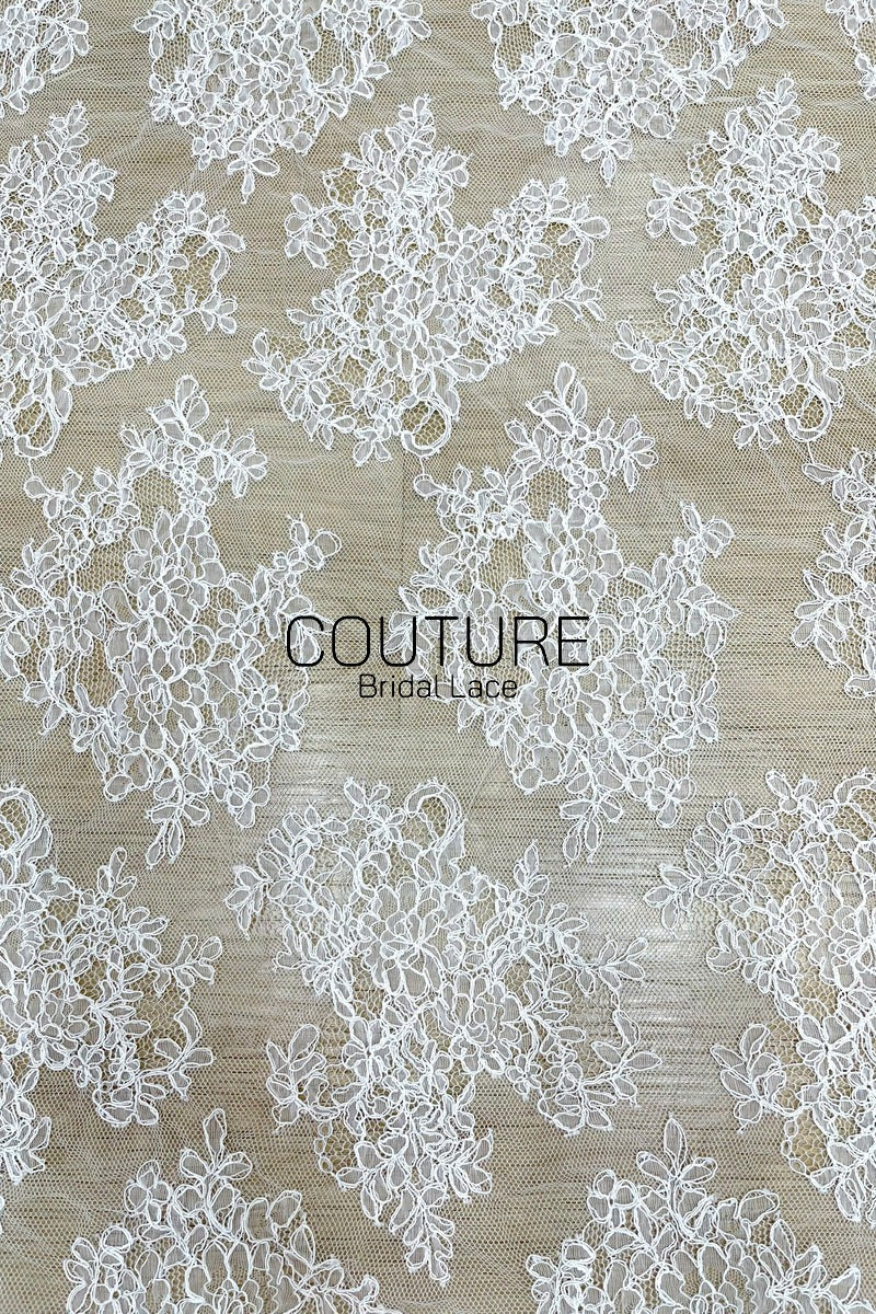 Corded Chantilly French Lace - White, Allover Scattered Floral Bouquets, Double Scalloped Border, 3 Meters