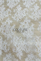 Corded Chantilly French Lace - White, Allover Scattered Floral Bouquets, Double Scalloped Border, 3 Meters