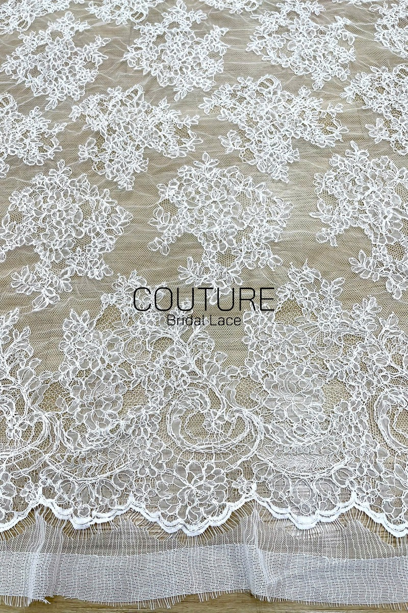 Corded Chantilly French Lace - White, Allover Scattered Floral Bouquets, Double Scalloped Border, 3 Meters