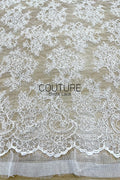Corded Chantilly French Lace - White, Allover Scattered Floral Bouquets, Double Scalloped Border, 3 Meters