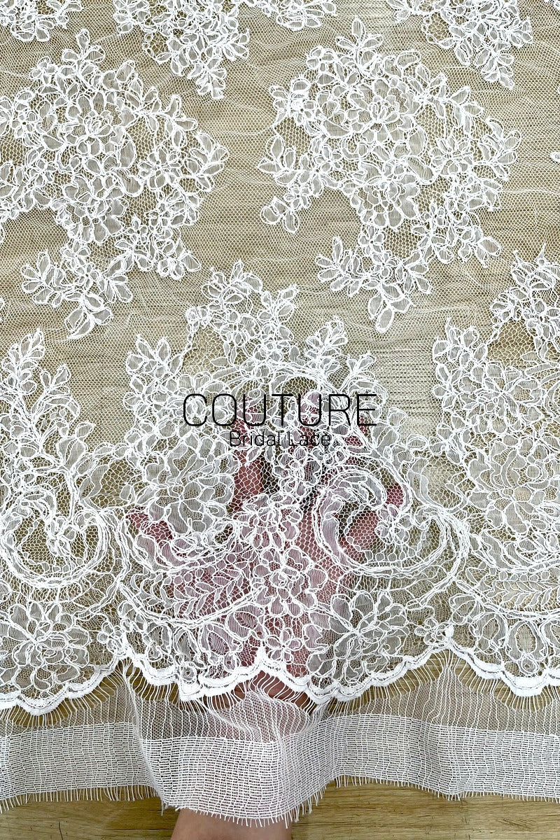 Corded Chantilly French Lace - White, Allover Scattered Floral Bouquets, Double Scalloped Border, 3 Meters