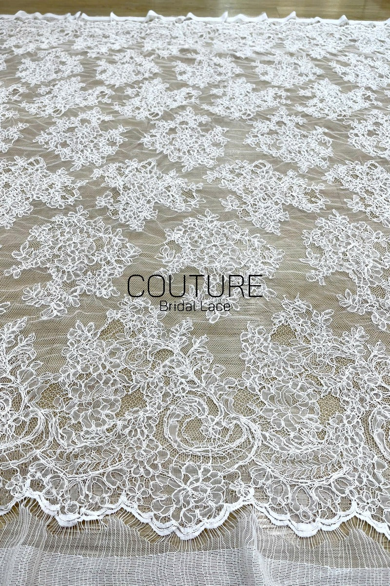 Corded Chantilly French Lace - White, Allover Scattered Floral Bouquets, Double Scalloped Border, 3 Meters