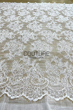Corded Chantilly French Lace - White, Allover Scattered Floral Bouquets, Double Scalloped Border, 3 Meters